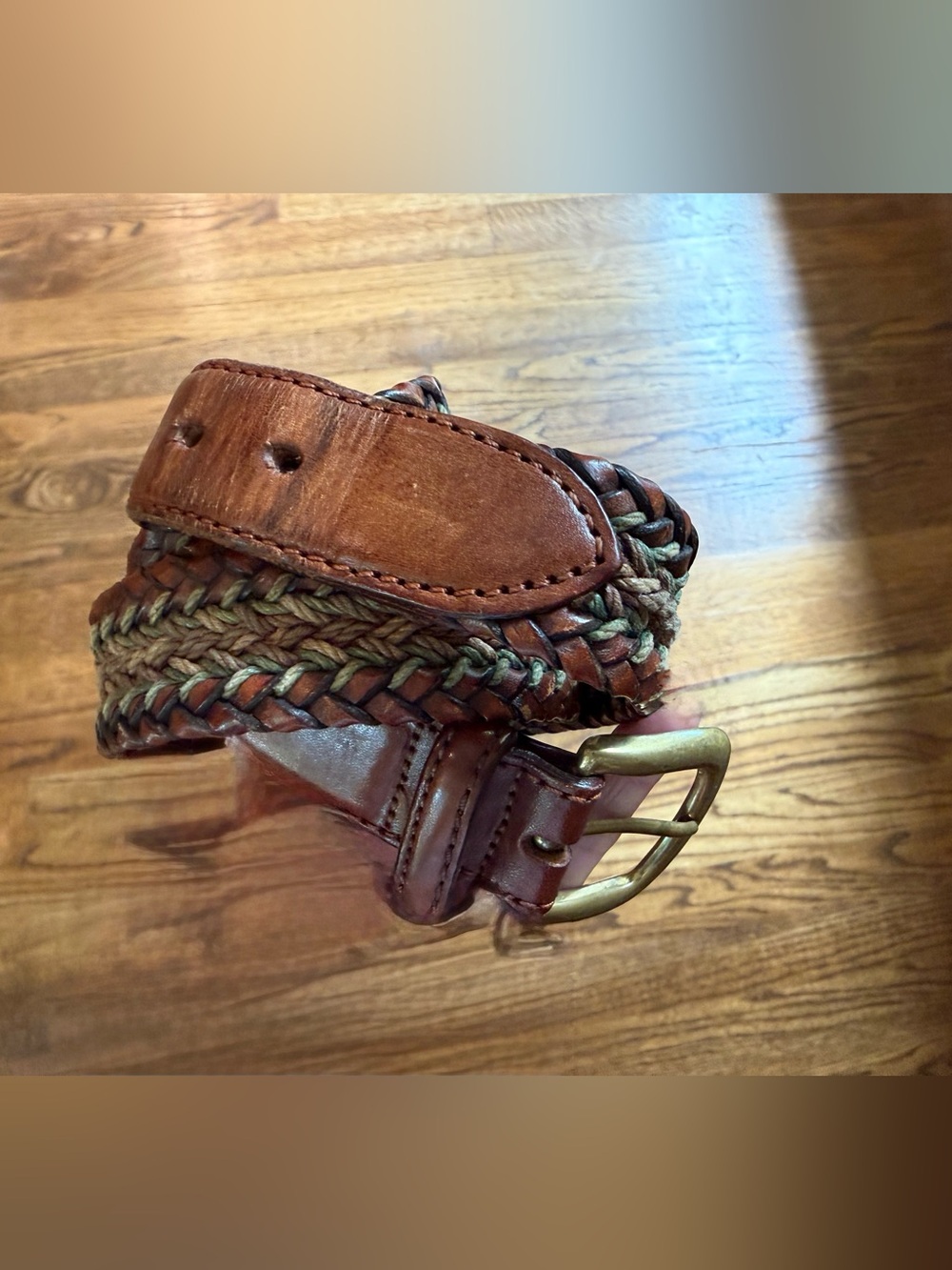 Brighton Vintage Braided Woven Belt Size 42 Olive Green Brown Leather Brass